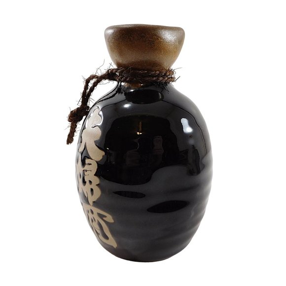 3 Piece Traditional Kanji Sake Wine Set Tokkuri Pitcher 2 Cups Black Stoneware - Picture 3 of 9